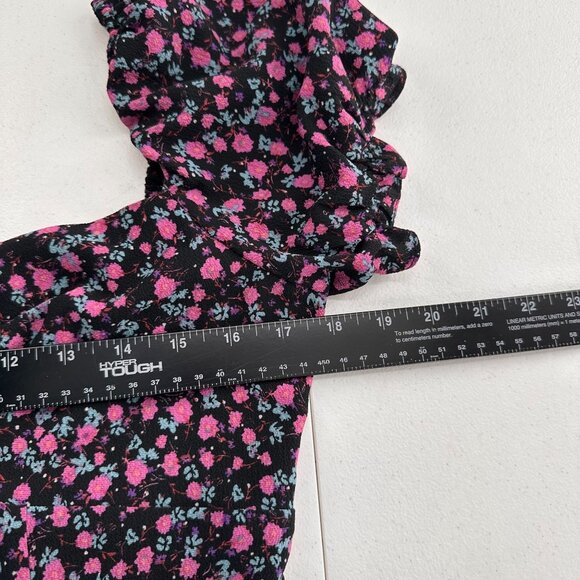 City Triangles Black Pink Floral Mini Dress Puff Sleeves Size L Ruffle Milkmaid - Picture 3 of 11